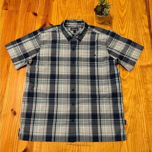 Patagonia Puckerware Button Up Shirt Mens LRG Short Sleeve Seersucker Blue Plaid